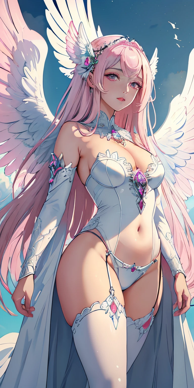 ((RAW photo)), ((Masterpiece)), anthropomorphic humanoid AngelGirl in a white noble robe, intricate detials, futobot, intricate Greebles figures, The sky is behind, Pink, Beautiful wings, Detailed eyes and lips