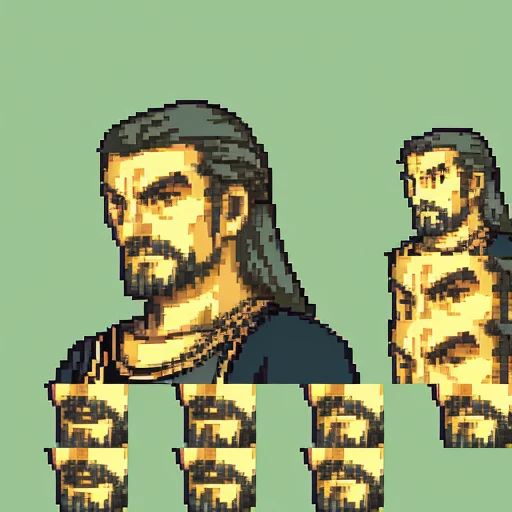 solo focus, quarterbody, frames, saturated sprite, 1boy, black hair, long hair, goatee, assassin