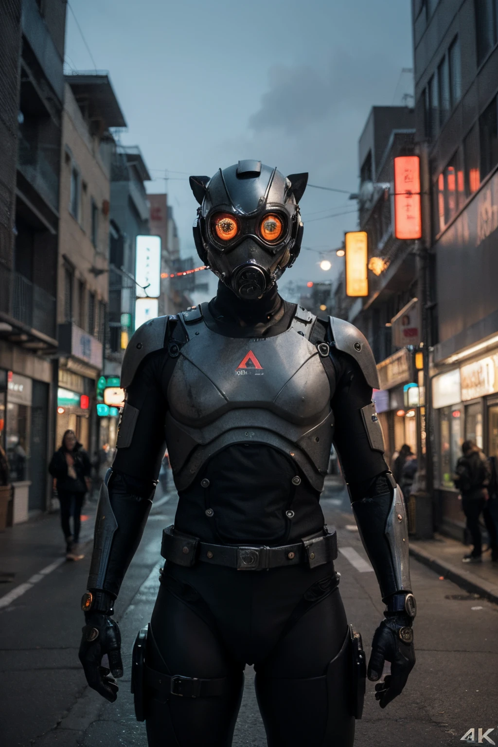 stunning artwork, extremely high quality artwork, beautiful artwork, colorful hyperrealism, beeple colors, blue, red, grey, wide shot, (best quality,4k,8k,highres,masterpiece:1.2),ultra-detailed,(realistic,photorealistic,photo-realistic:1.37),HDR,UHD,studio lighting,(masterpiece, full-body shot), (intrincate raw photography),realistic black and red cybernetic man wearing biohazard black and red gas mask, futuristic gas mask, mecha helmet, biohazard logo, tactical techwear, humanoid nano suit, neat and nice character design, vibrant neon color palette, dramatic lighting, highly detailed fur and eyes, 3D rendered illustration, high-res masterpiece:1.2, sci-fi Cyberpunk city ,setting