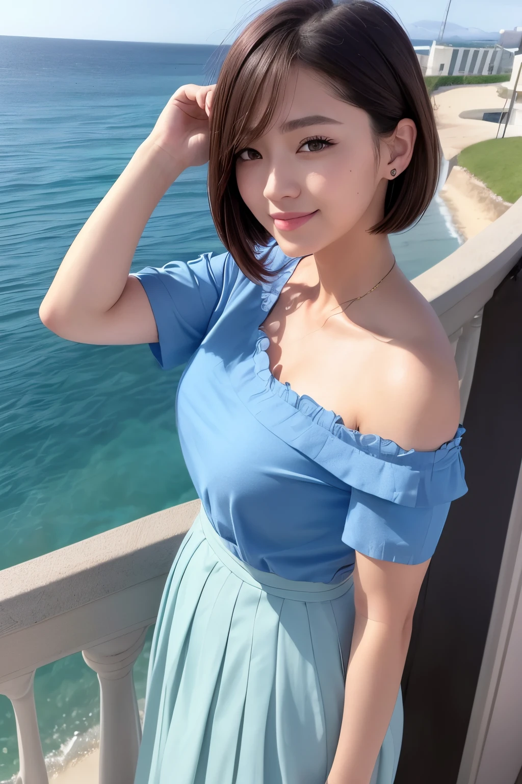 animesque、anime styled、Speciality、beautiful moist eyes, (Short hair:1.2), (8K, Best Quality, masutepiece:1.2), (Realistic, Photorealsitic:1.37), Ultra-detailed, a closeup、portraitures、1 girl, Cute, Solo, (nose blush),(Smile:1.15),8K, Highest Quality, High resolution, Super Detail, masutepiece: 1.2, Photo Quality, Photorealistic, Bright lighting, extremely delicate and beautiful work, Natural light, Blue sky, khaki one shoulder dress, Sea view hotel, Cityscape with sea view , Real skin texture, 22 years old, Female, Variety of faces, Various hairstyles, A Japanese Lady, Cute, Beautiful face, Smile, Bare skin, (push up the skirt), fine pleated clothes, blue long skirt with slits , ((One girl), Jisoo-so, very real, Perfect,