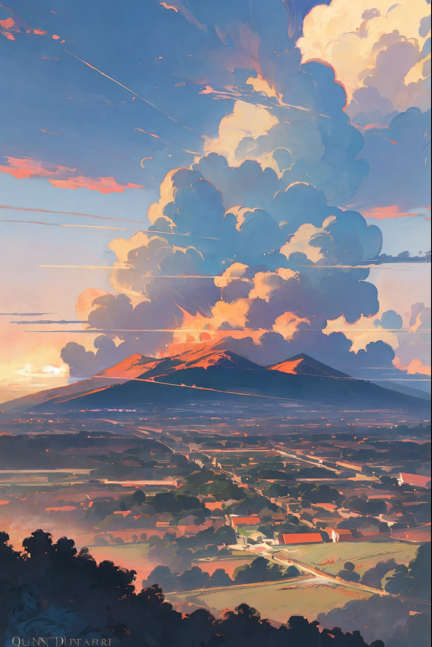 A highly detailed anime illustration,
landscape,
vintage, dreamy, drawing, trending on artstation, UHD, (((by Quentin de Warren))):1.8, atmosphere, luminosity