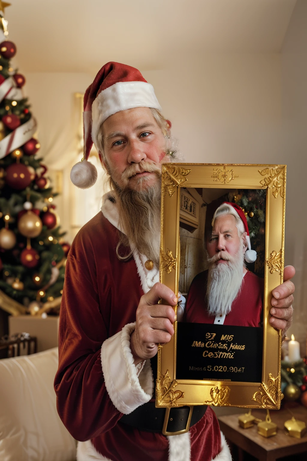 Santa Clause holding a vintage golden photo frame, while looking at the camera.