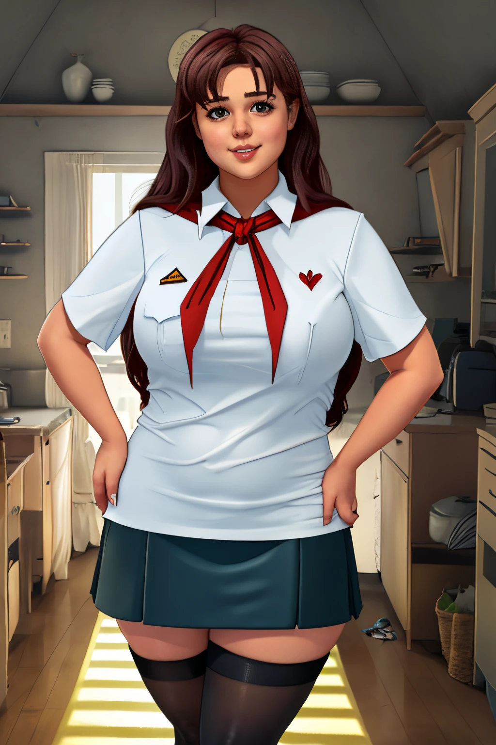 masterpiece, (photorealistic), (8k wallpaper) , (best quality), perfect quality, solo, (detailed eyes:0.9), girl, red hair, eating muffin, small smile, very young, face : (very young, European, very beautiful face, young). figure : (very full figure, curvy, very plump, very chubby, chunky, (very chubby belly), love handles, muffin top, very soft, very thick, very thicc, sexy, sexy pose, fat, fat rolls, fat thighs). clothes: ( short miniskirt, very tight uniform, very tight shirt, ripped tights, ).