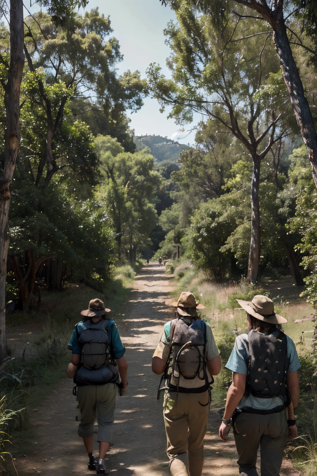 Generates a photorealistic image. ((In the foreground we see four backpackers with their backs turned walking in the distance towards the horizon: 1.8)). The image shows a serene and majestic scene within the forest of Galicia, with a characteristic landscape of the Camino de Santiago. The view is positioned from an elevated perspective and slightly inclined downwards, offering a panoramic view. They are in the center of the image and are seen with their backs to the viewer, Both are carrying large backpacks and sun hats, One is wearing a red t-shirt and the other a blue t-shirt to highlight their presence in the mountainous landscape, The winding path extends from the foreground..., decreasing in size towards the horizon. The path is surrounded by lush eucalyptus trees, some of which are close to the backpackers and others are lost in the distance. Showing variations in vegetation and rock texture... Sunlight illuminates parts of the path, creating shadows and enhancing the depth of the landscape. Along the path, add details like small wildflowers, some butterflies. This will help give life and dynamism to the image...., as well as offering additional points of interest. The atmosphere is calm and relaxing, with a predominantly earthy color palette. The greens of the vegetation contrast with the brown and gray tones of the stones. The stones are covered with green moss. The image is rendered in high resolution, suitable pants, ((Best quality)), ((masterpiece)), (detailed), ((high resolution: 1.9)), Full body view, (masterpiece), (Best detailed quality.), (masterpiece), (Best detailed quality.), (masterpiece), (Best detailed quality.),
