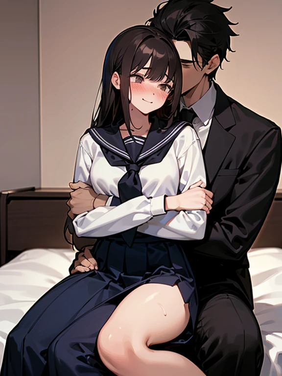 1 girl, 1 boy, (background on bed in bedroom), dark hair, hetero, sitting, man hugging woman, hug from behindgirl blushing,girl in trouble, man evil smiling, girl embarrassed, gairl flustered, (girl sweat), girl in serafuku, man in black suit and white shirt,cool guy, pretty girl, 160cm woman, 185cm man, sunset, looking away,high quality, high resolution, masterpiece