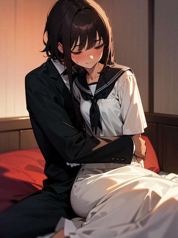 1 girl, 1 boy, (background on bed in bedroom), dark hair, hetero, sitting, man hugging woman, hug from behindgirl blushing,girl in trouble, man evil smiling, girl embarrassed, gairl flustered, (girl sweat), girl in serafuku, man in black suit and white shirt,cool guy, pretty girl, 160cm woman, 185cm man, sunset, looking away,high quality, high resolution, masterpiece