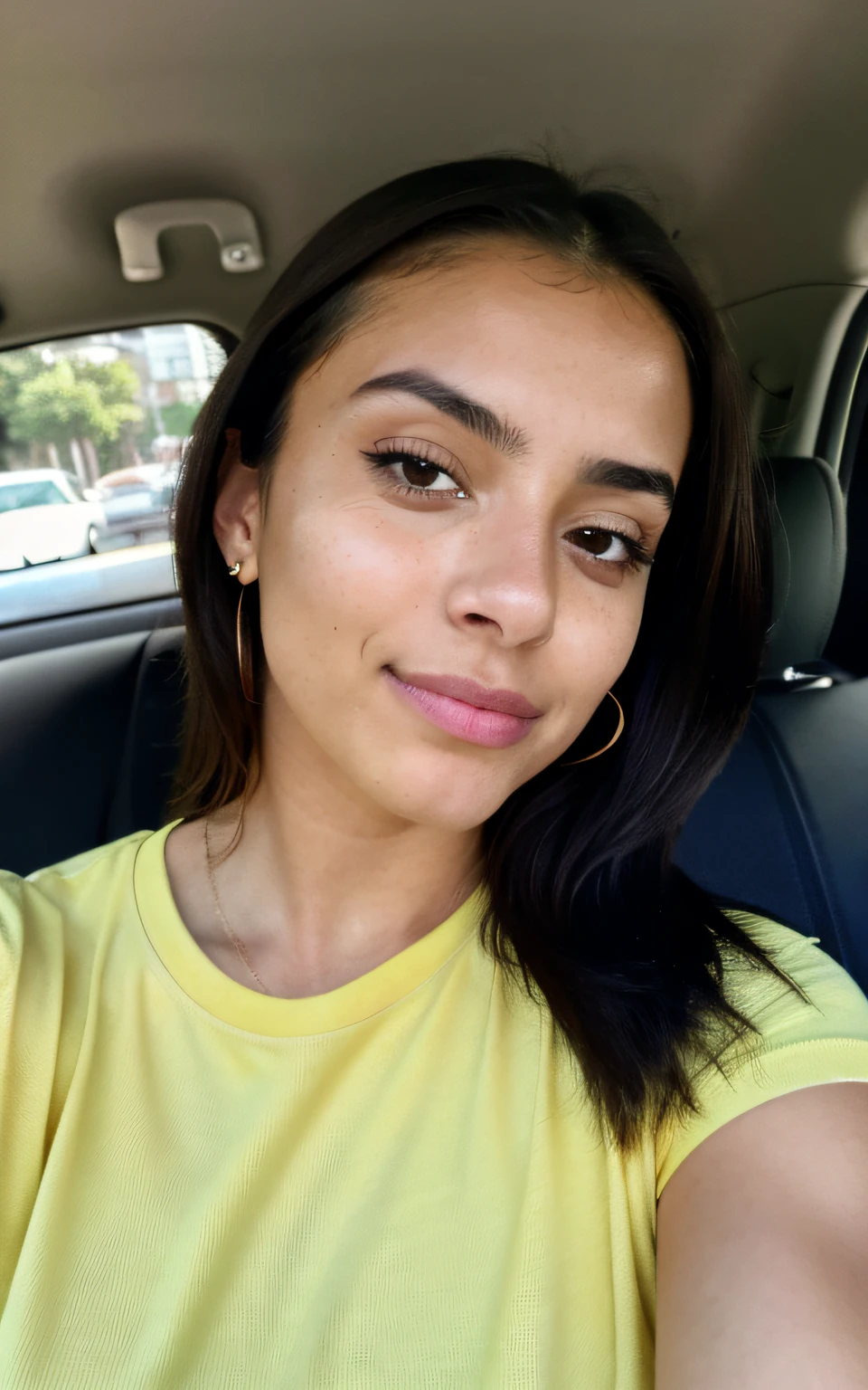 photorealistic, sharp focus, raw photo,  photo, beautiful 20 y.o latina-spanish girl,  selfie, yellow tshirt, detailed skin poreace texture, pores, (goosebumbs:0.7), dynamic pose, looking at camera, face focus, taken with iphone 14 camera,selfie in car, showing body