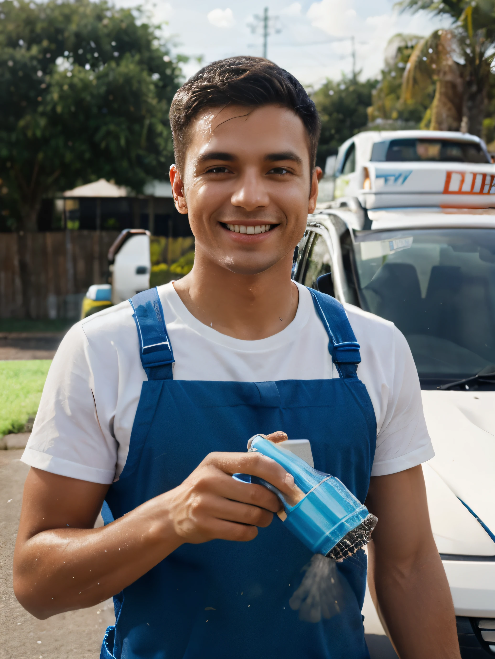 car washer with fair skin holding a sprayer in his hand and smiling, ampliar mais a cena, fundo com carros, imagem realista.