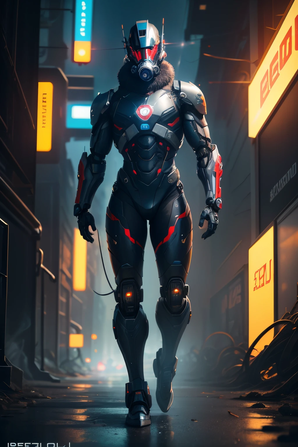 stunning artwork, extremely high quality artwork, beautiful artwork, colorful hyperrealism, beeple colors, blue, red, grey, wide shot, (best quality,4k,8k,highres,masterpiece:1.2),ultra-detailed,(realistic,photorealistic,photo-realistic:1.37),HDR,UHD,studio lighting,(masterpiece, full-body shot), (intrincate raw photography),realistic black and red cybernetic man wearing biohazard black and red gas mask, futuristic gas mask, mecha helmet, biohazard logo, tactical techwear, humanoid nano suit, neat and nice character design, vibrant neon color palette, dramatic lighting, highly detailed fur and eyes, 3D rendered illustration, high-res masterpiece:1.2, sci-fi Cyberpunk city ,setting