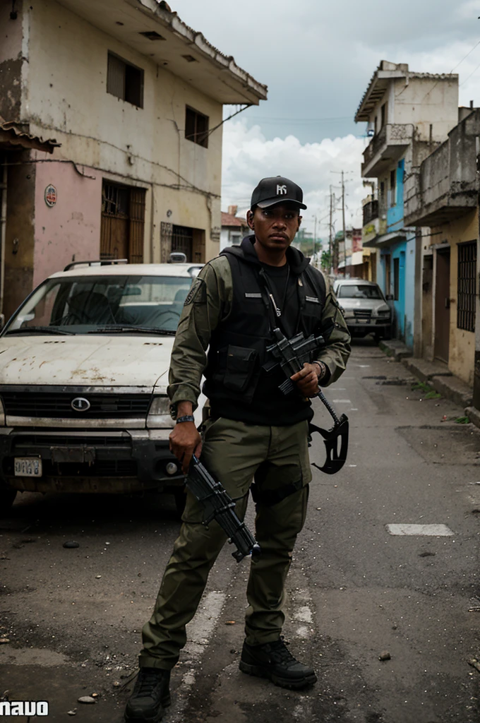 Airsoft player in the style of Grand Theft Auto from Honduras, looking like a gangsta from Honduras, standing behind a car in Honduras city, let the background be like Honduras