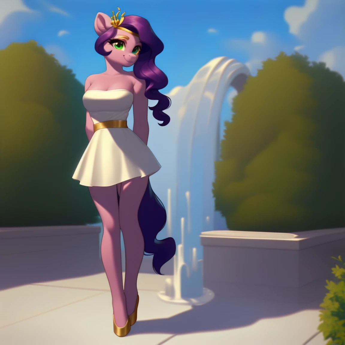 (score_9), (source_pony), (solo), (pegasus), ((anthro pipp petals :1.1)), (strapless dress, sexy, smiling, , long hair, anatomically correct, night garden, standing near fountain, medium breasts, full body, anime art style, solo, light purple fur, green eyes, arms behind back,