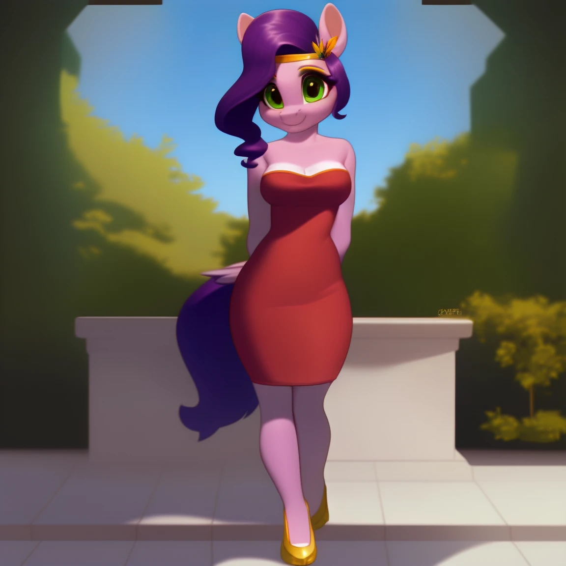 (score_9), (source_pony), (solo), (pegasus), ((anthro pipp petals :1.1)), (strapless dress, sexy, smiling, , long hair, anatomically correct, night garden, standing near fountain, medium breasts, full body, anime art style, solo, light purple fur, green eyes, arms behind back,