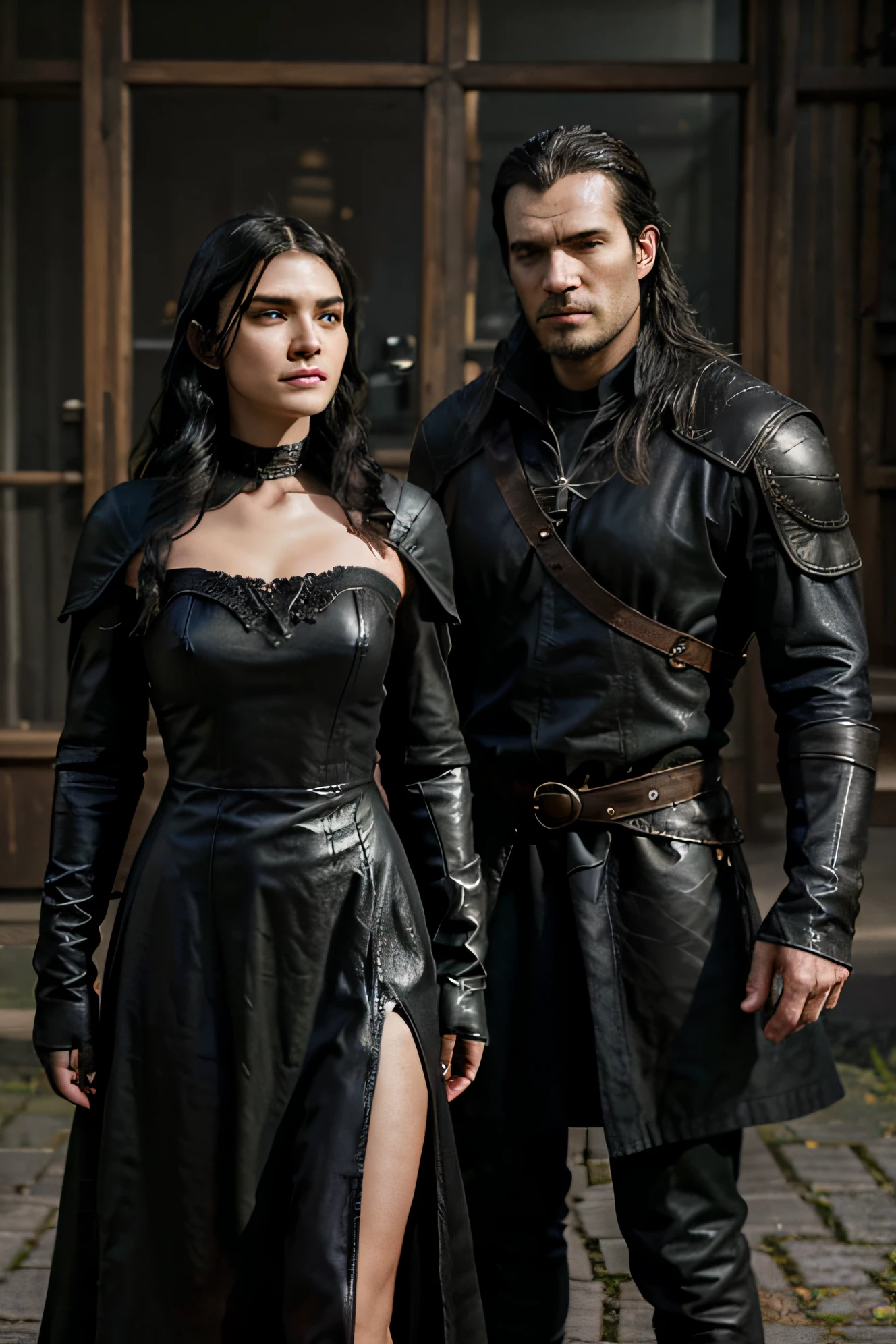 (duas pessoas), henry cavill as geralt of rivia, cabelos pretos, {cabelos pretos}, (com cabelos pretos), Vestindo armadura de couro preto, (armadura de couro preto), {armadura de couro preto)}, Ansioso , ao lado de Anya Chalotra como Yennefer de Vengerberg, usando um vestido preto decotado de feiticeira, (vestido preto decotado feiticeira), {vestido preto decotado feiticeira}, Ansioso, ambos olhando para a frente, best quality, 4k, ultra realistic , ultra detalhado, five fingers per hand ultra detailed.