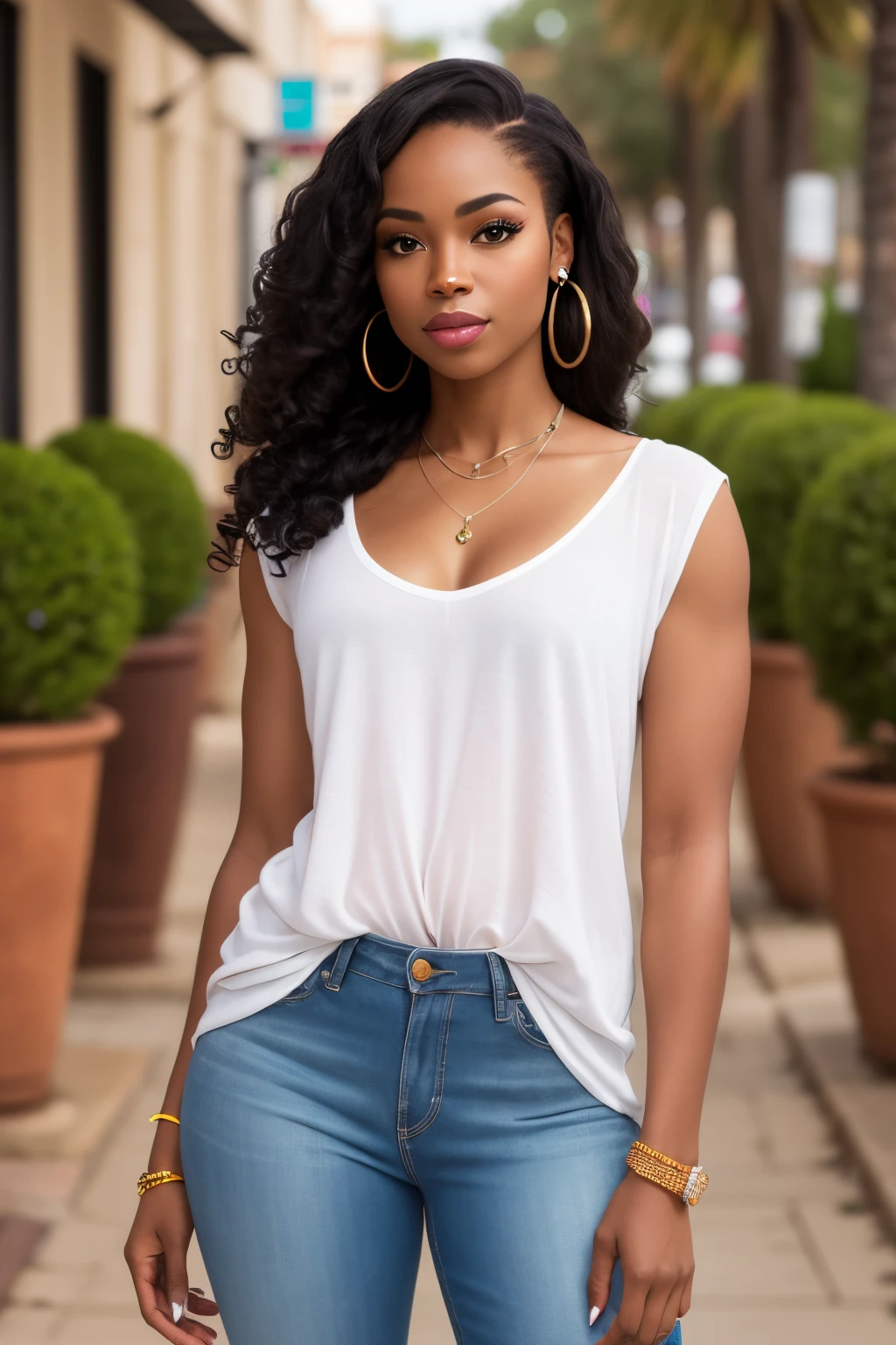 an ultra realistic full body portrait of an african american woman wearing hair extension, with middle part brazilian wavy hair. ((best quality)), ((masterpiece)), (detailed), perfect face