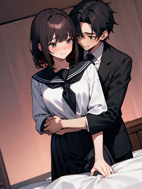 1 girl, 1 boy, (background on bed in bedroom), dark hair, hetero, sitting, man hugging woman, hug from behind, girl blushing, girl in trouble, man evil smiling, girl embarrassed, gairl flustered, (girl sweat), girl in serafuku, man in black suit and white shirt, cool guy, sexy guy, pretty girl, 160cm woman, 185cm man, sunset, looking away,high quality, high resolution, masterpiece