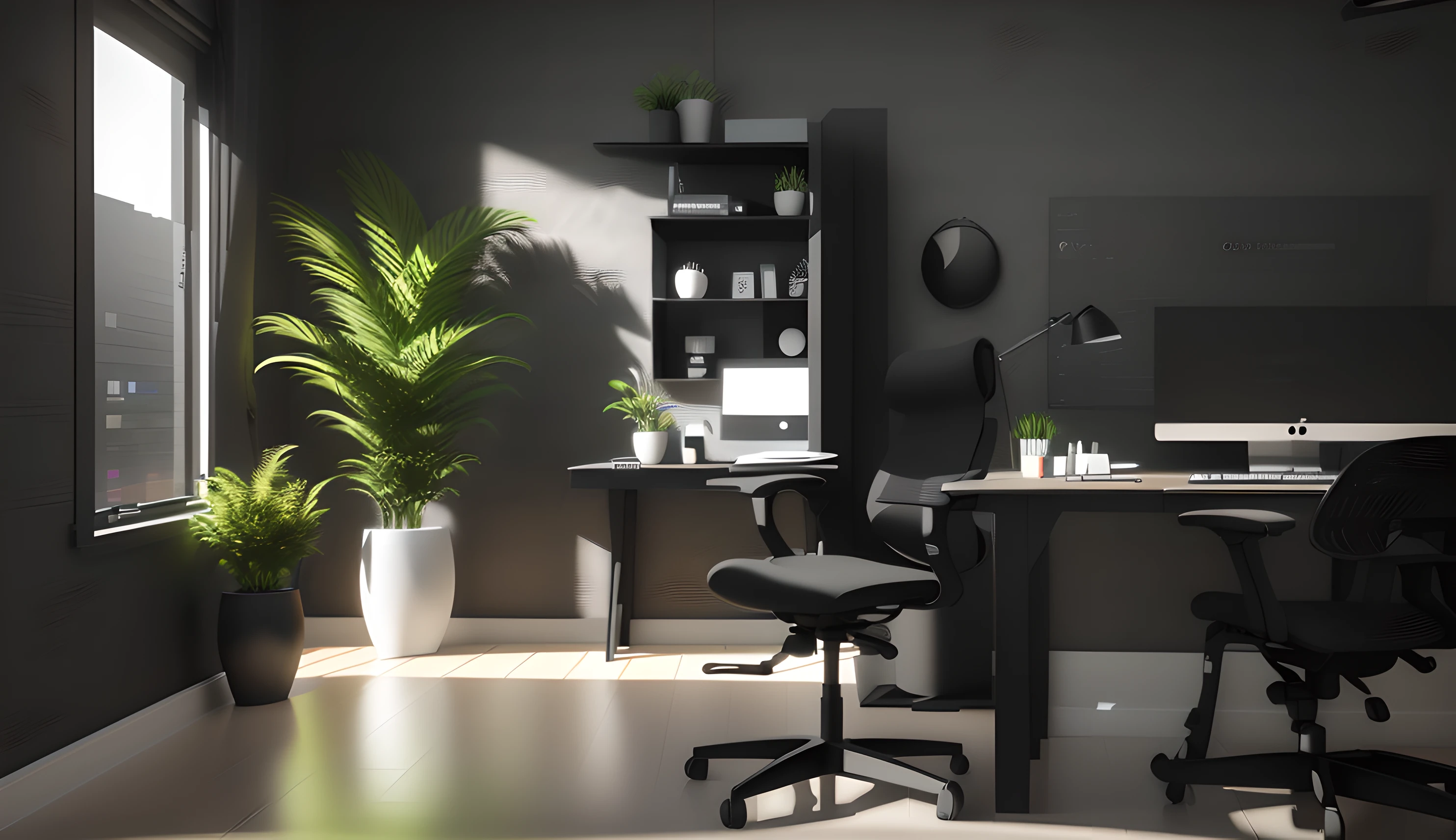 Ceci est une entreprise , Bureau with a modern computer style and a plant in a theme color  ; Entreprise , Corporate animation style, animation style render, Rendu 3D propre, Rendu aesthetic ;octane!, Demo d&#39;animation 3D real, Scène stylisée 3D color noir , Contexte du bureau, dans le style de rendu 3D, Style 3D realist color black , Subject Rendu de haute quality 4k, Vente photorealist , Rendu promotionnel colore au noir, Style de conception noir sombre  , LED neon , lumière dirigée, Conception of neon lights