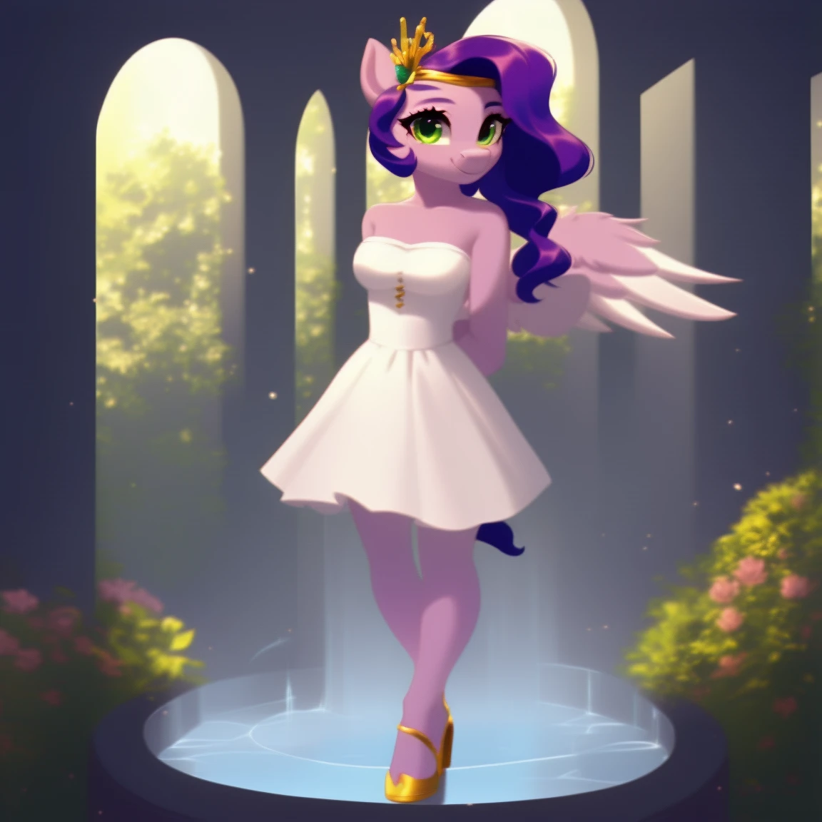 (score_9), (source_pony), (solo), (pegasus), ((anthro pipp petals :1.1)), (strapless dress, sexy, smiling, , long hair, anatomically correct, night garden, standing near fountain, medium breasts, full body, anime art style, solo, light purple fur, green eyes, arms behind back, high qualit, young
