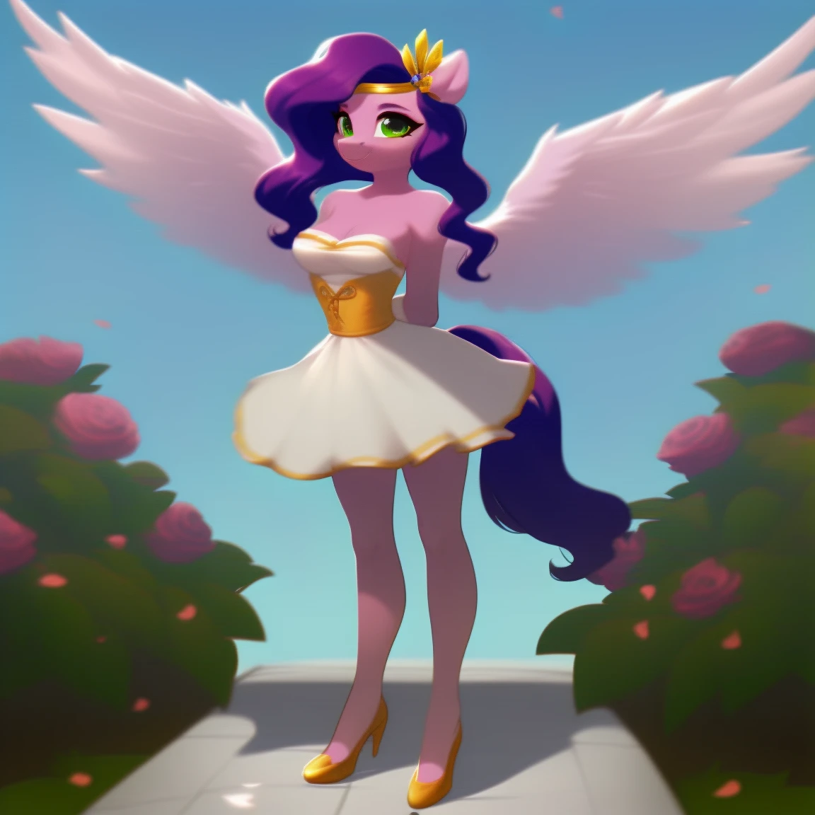 (score_9), (source_pony), (solo), (pegasus), ((anthro pipp petals :1.1)), (strapless dress, sexy, smiling, , long hair, anatomically correct, night garden, standing near fountain, medium breasts, full body, anime art style, solo, light purple fur, green eyes, arms behind back, high qualit, young