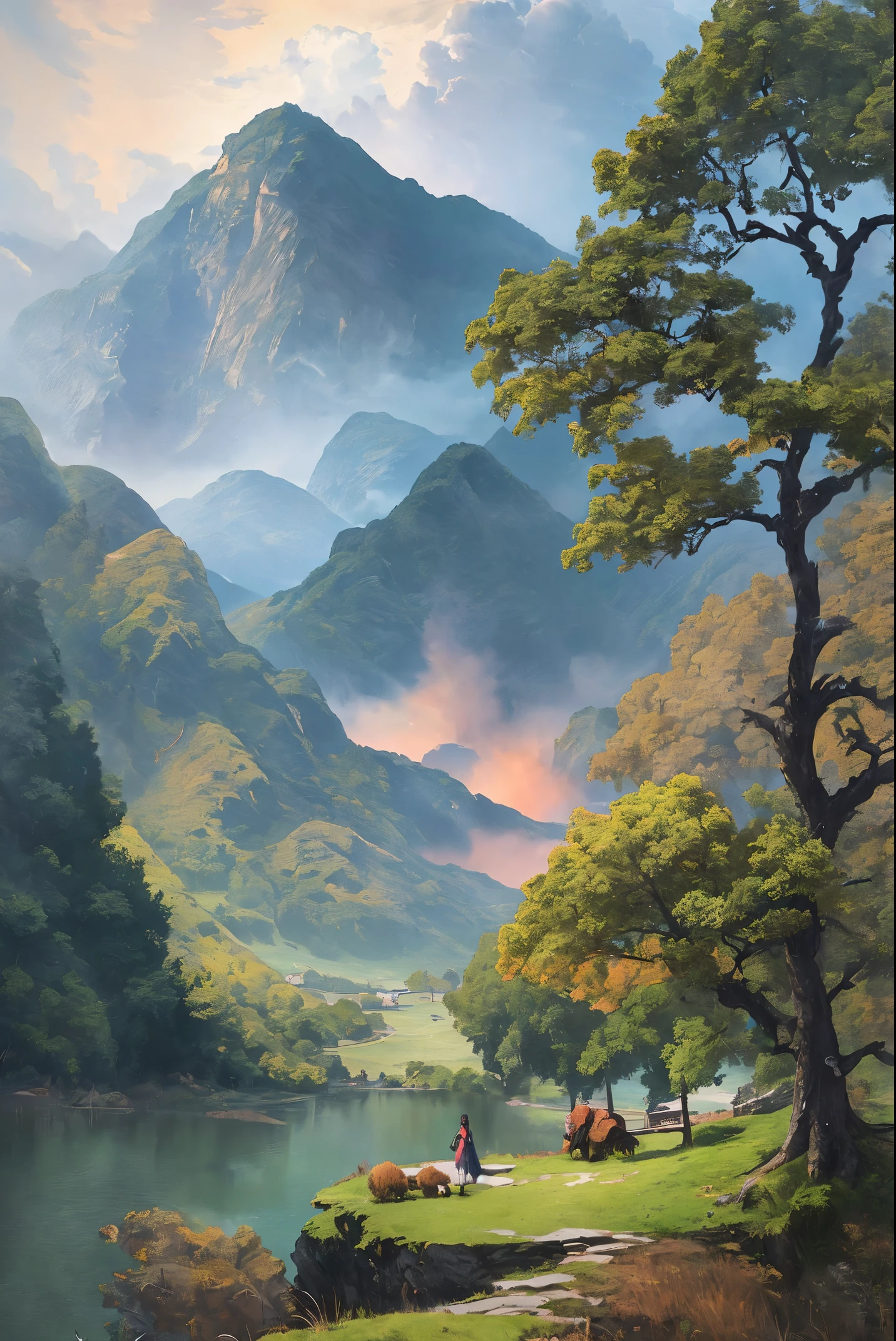 A highly detailed anime illustration,
landscape,
vintage, dreamy,  drawing, trending on artstation, UHD, (((by Quentin de Warren))):1.8, atmosphere, luminosity