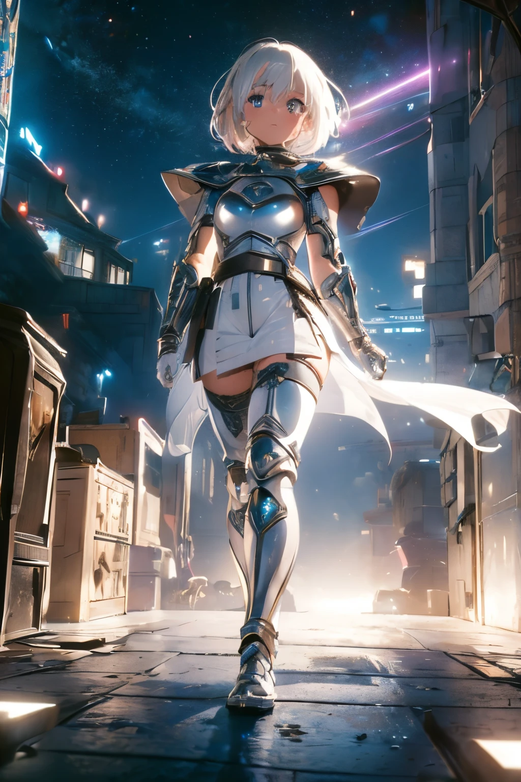 (((masterpiece))), (((best quality))), ((ultra-detailed)), (cinematic lighting), (illustration), (beautiful detailed eyes), (1girl), full body, space, knight, armour, light hair, skirt, walking, medieval city, lasers, best quality, expressive eyes, perfect face, Girl: (20s, white hair, short hair, jumpsuit, silver armour),