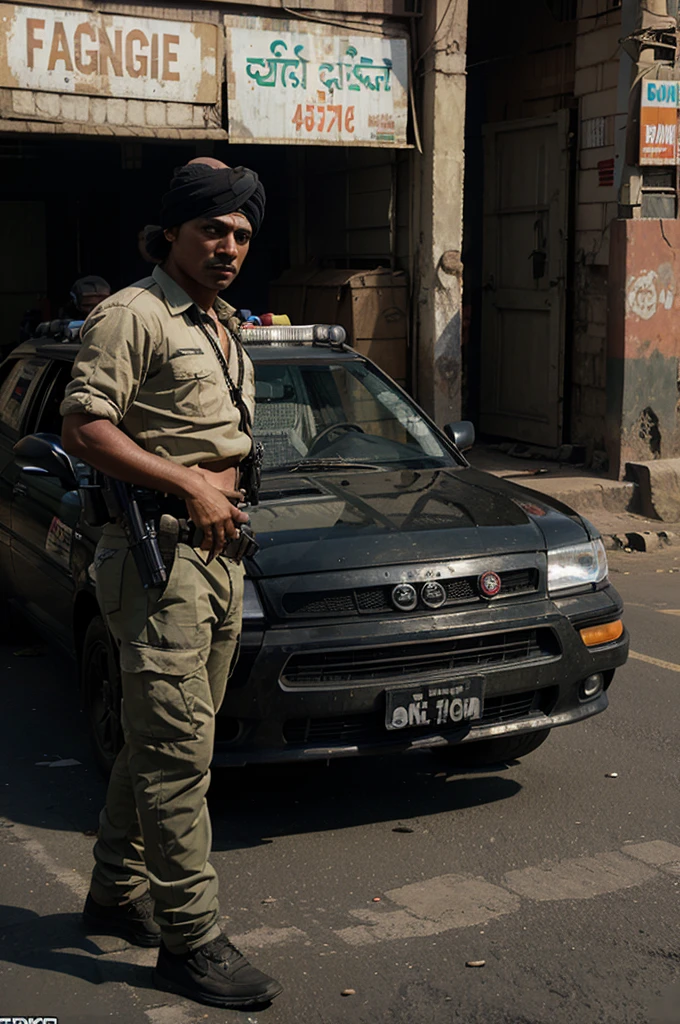 Airsoft player in the style of Grand Theft Auto from India, looking like a gangsta from India, standing behind a car in India city, let the background be like India