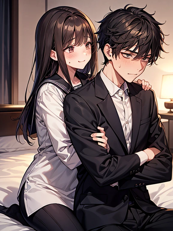 1 girl, 1 boy, (background on bed in bedroom), dark hair, hetero, sitting, man hugging woman, hug from behind, girl blushing, girl in trouble, man evil smiling, girl embarrassed, gairl flustered, (girl sweat), girl in serafuku, man in black suit and white shirt, cool guy, sexy guy, pretty girl, 160cm woman, 185cm man, sunset, looking away,high quality, high resolution, masterpiece