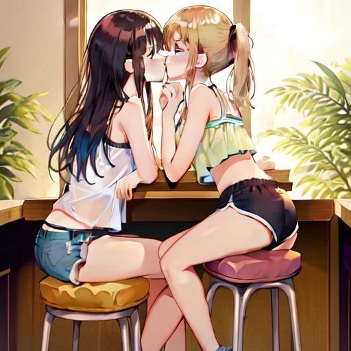 2 girls、Peeかける、Pee、kiss、colorful、headphones、watercolor、blonde、twin tails、spread your legs、naked,stand、front、Pee