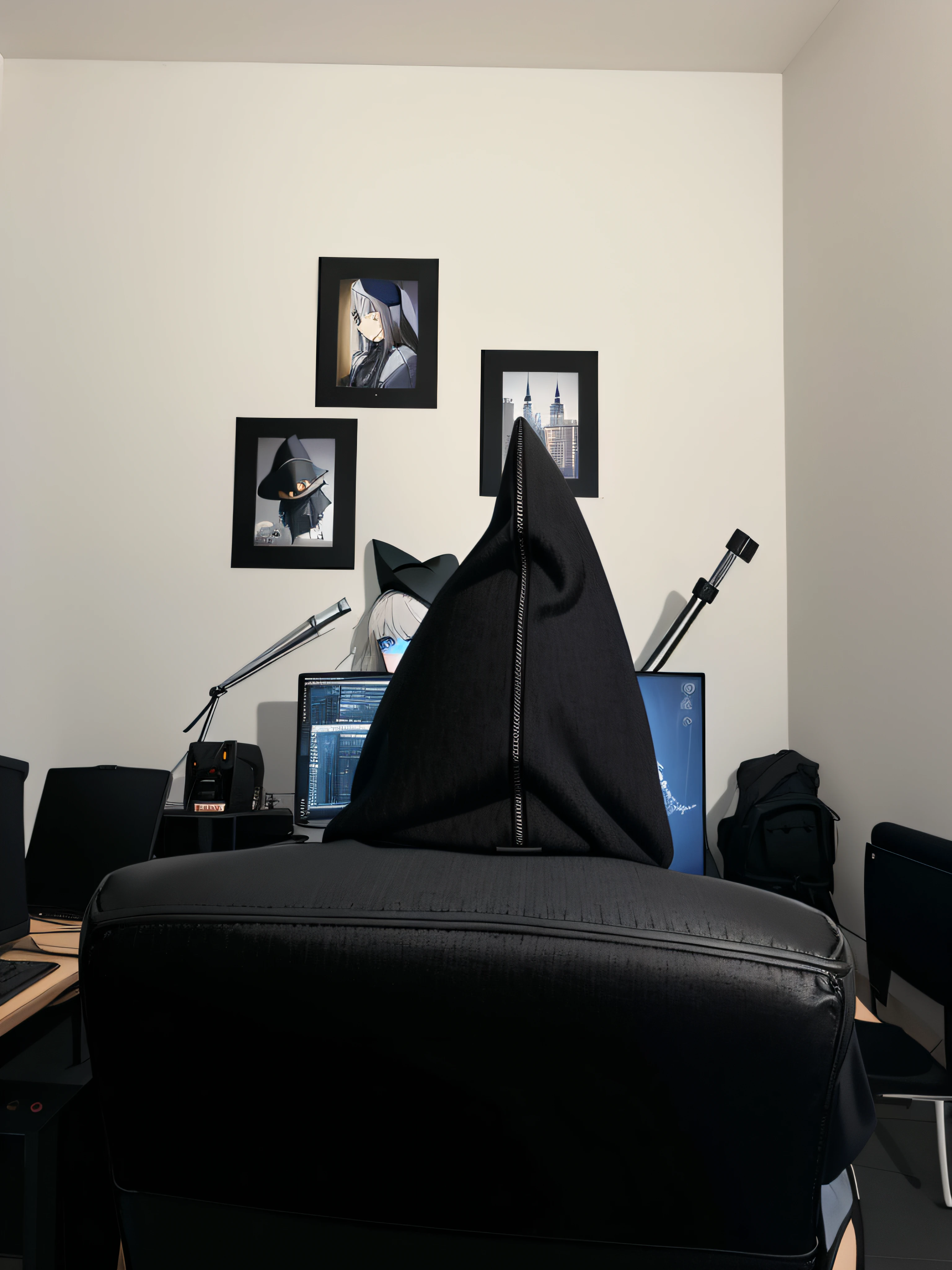 il y a une personne assise sur une chaise devant un ordinateur, porter une capuche aux oreilles pointues, portant un chapeau de sorcier gris, technologie de tissu vantablack, Capuches pointues, cancer, Archwizzard dans un chapeau, Porter une cagoule Sith, Configuration sombre, portant une cagoule sombre, Wizard Hat Éclairage cinématographique, assister derrière le bureau, placé dans un salon