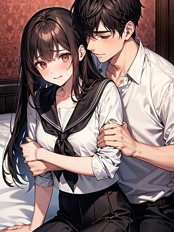 1 girl, 1 boy, (background on bed in bedroom), dark hair, hetero, sitting, man hugging woman, hug from behind, girl blushing, girl in trouble, man evil smiling, girl embarrassed, gairl flustered, (girl sweat), girl in serafuku, man in black suit and white shirt, cool guy, sexy guy, pretty girl, 160cm woman, 185cm man, sunset, looking away,high quality, high resolution, masterpiece