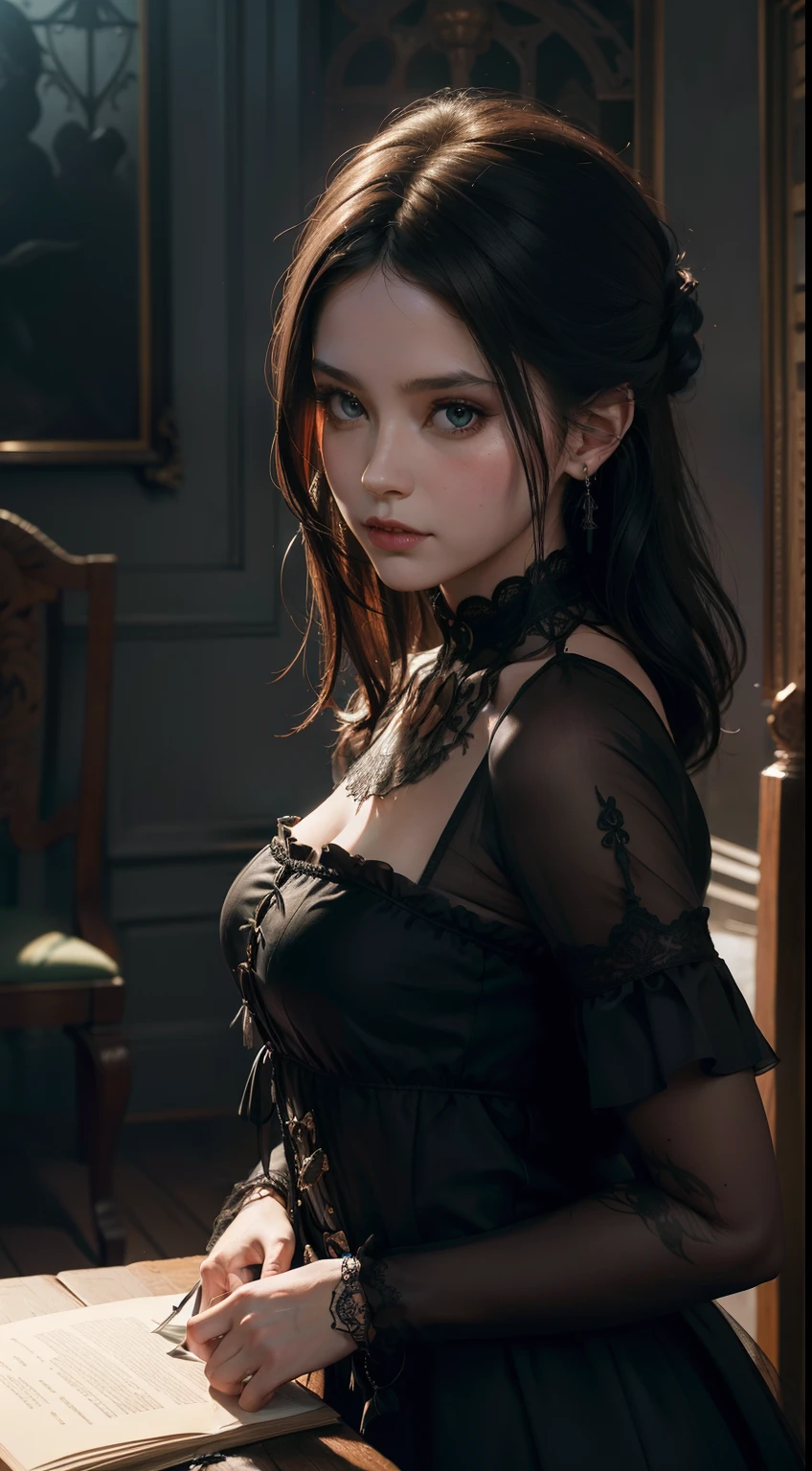 A breathtaking image in 32k resolution, captured as a RAW photo with incredibly absurd details, showcasing a delicate texture that adds to the aesthetic gothic collection. In the general term of art, this masterpiece portrays a scene of heretical and mysterious light that illuminates the darkness, with a background full of intricate patterns and subtle shading that adds to the intrigue. The artist's brushstrokes are incredibly detailed, giving life to every inch of the scene, making it a truly magnificent work of art.