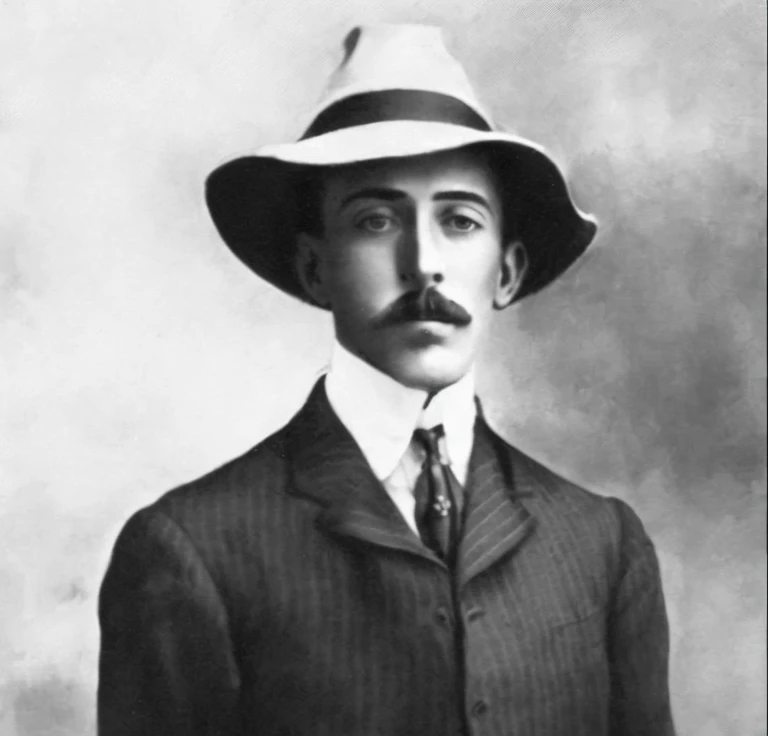 Man in suit and hat poses for photo, a suited man in a hat, Inspirado em Eugenio de Arriba, inspirado em Hermenegildo Anglada Camarasa, inspirado em Luigi Kasimir, inspired by Eugène Burnand, taken in the early 1910s, Furio Tedeschi