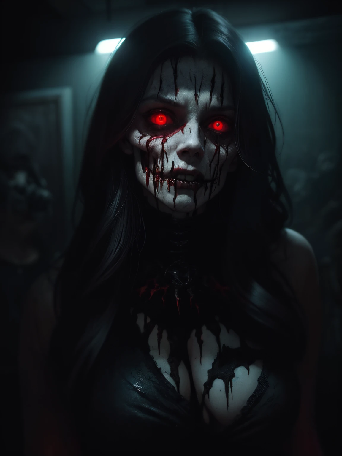a terrifying mental image of a female figure of pure evil immersed in a hideous and hellish environment, obscure place coming from hell, dark ritual, appearance like a demon with sinister glowing eyes that evoke instant terror, evil beast, fiend, demon, abyss, infernal, nether, damnation, hellish attire that exude an evil glowing aura, flesh, bones, skull, blood, environment around as a hellscape, distorted shadows, agonizing, obscure, terrifying nightmare, horror, demonic presence, gore, grume, slaughter, carnage, butchery, highest quality, 4k, best composition, depth of field, bloom, lens 1.8, 25 mm, masterpiece