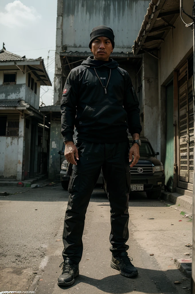 Airsoft player in the style of Grand Theft Auto from Indonesia, looking like a gangsta from Indonesia, standing behind a car in Indonesia city, let the background be like Indonesia