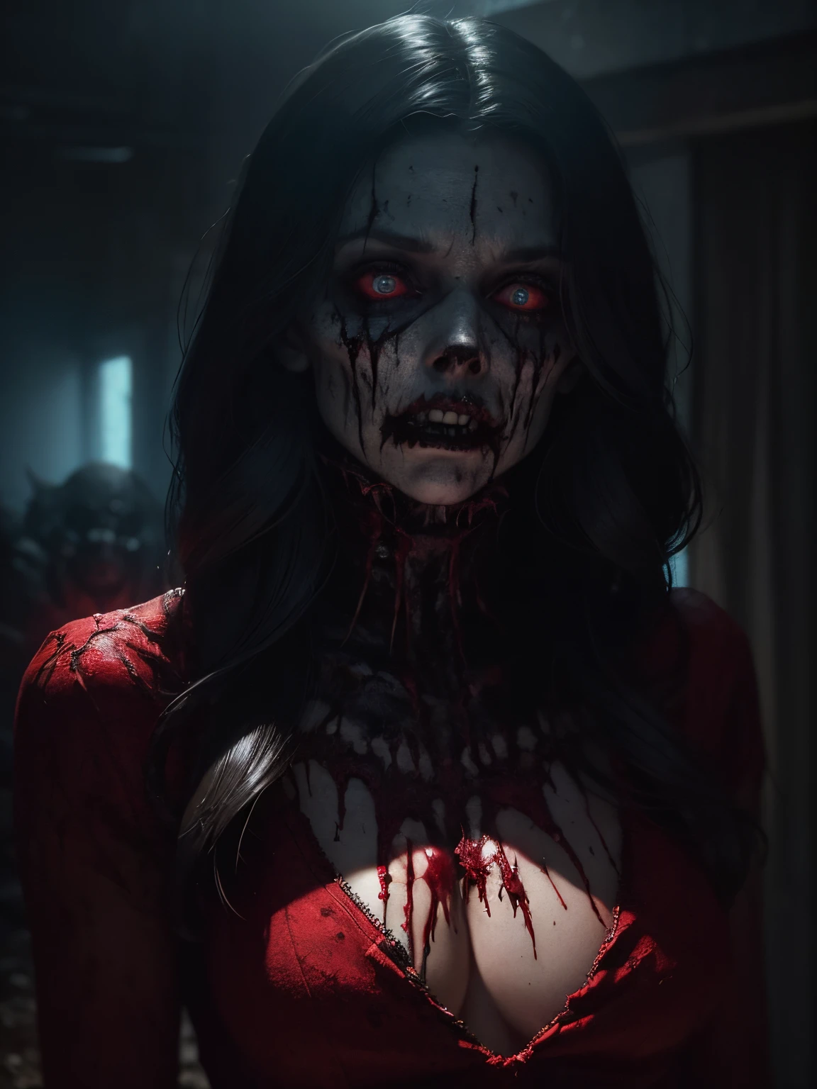 a terrifying mental image of a female figure of pure evil immersed in a hideous and hellish environment, obscure place coming from hell, dark ritual, appearance like a demon with sinister glowing eyes that evoke instant terror, evil beast, fiend, demon, abyss, infernal, nether, damnation, hellish attire that exude an evil glowing aura, flesh, bones, skull, blood, environment around as a hellscape, distorted shadows, agonizing, obscure, terrifying nightmare, horror, demonic presence, gore, grume, slaughter, carnage, butchery, highest quality, 4k, best composition, depth of field, bloom, lens 1.8, 25 mm, masterpiece