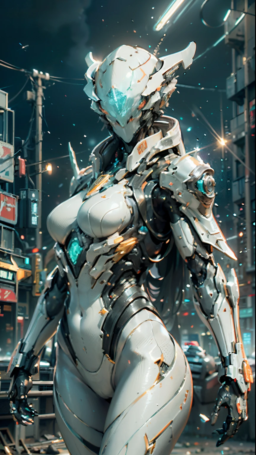 ((best quality)), ((masterpiece)), ((realistic)), (detailed), (photorealistic:1.5), a futuristic girl, (thick body), (white bodysuit), lights on armor, cybernetic headwear, looking at viewer, dynamic pose, post apocalyptic, destroyed city background, buildings on fire, science fiction, hdr, ray tracing, nvidia rtx, super-resolution, unreal 5, subsurface scattering, pbr texturing, post-processing, anisotropic filtering, depth of field, maximum clarity and sharpness, rule of thirds, 8k raw, (luminescent particles:1.4), (extremely detailed cg, unity 8k wallpaper, 3d, cinematic lighting, lens flare), reflections, sharp focus, cyberpunk art, cyberpunk architecture,