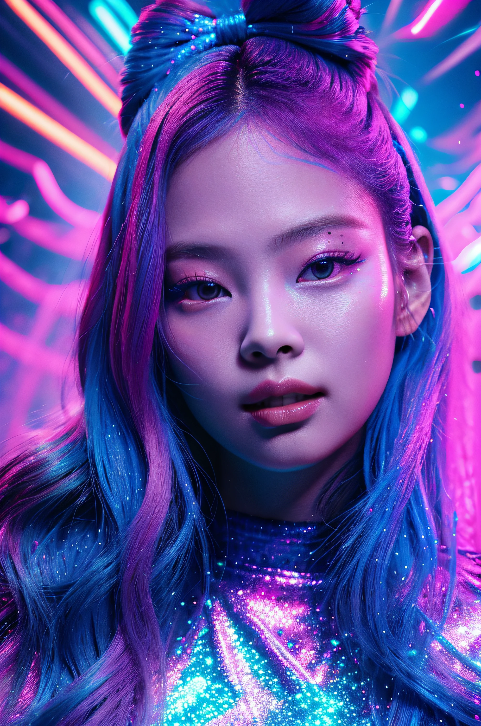 beautiful 30 years old woman's face illuminated by colored lights photorealistic background bright colors Luminous neon pink and neon blue glitter dust background with pink and blue smoke vapor, Jennie kim,
