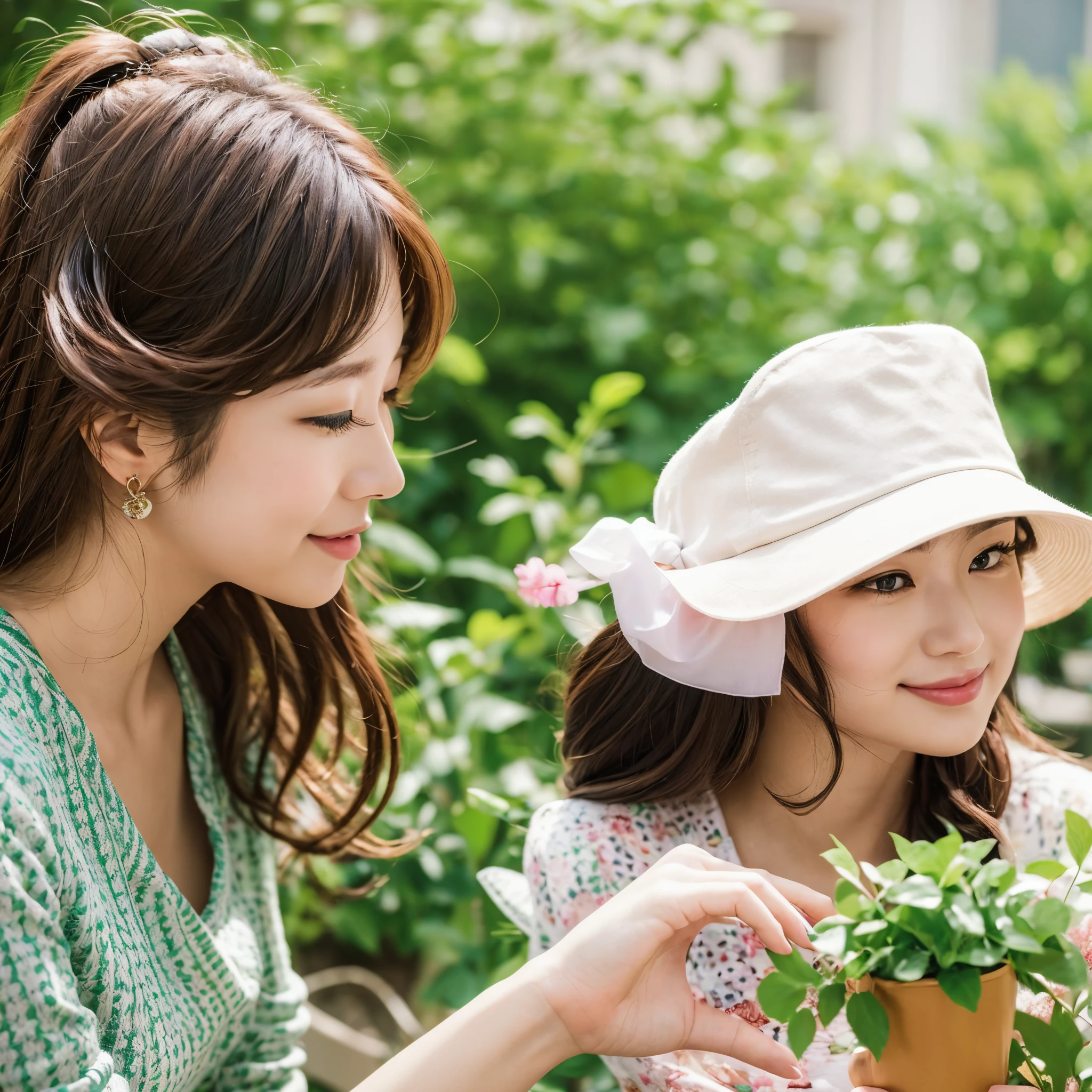 a cute woman in the small garden of the neighborhood cafe --auto --s2