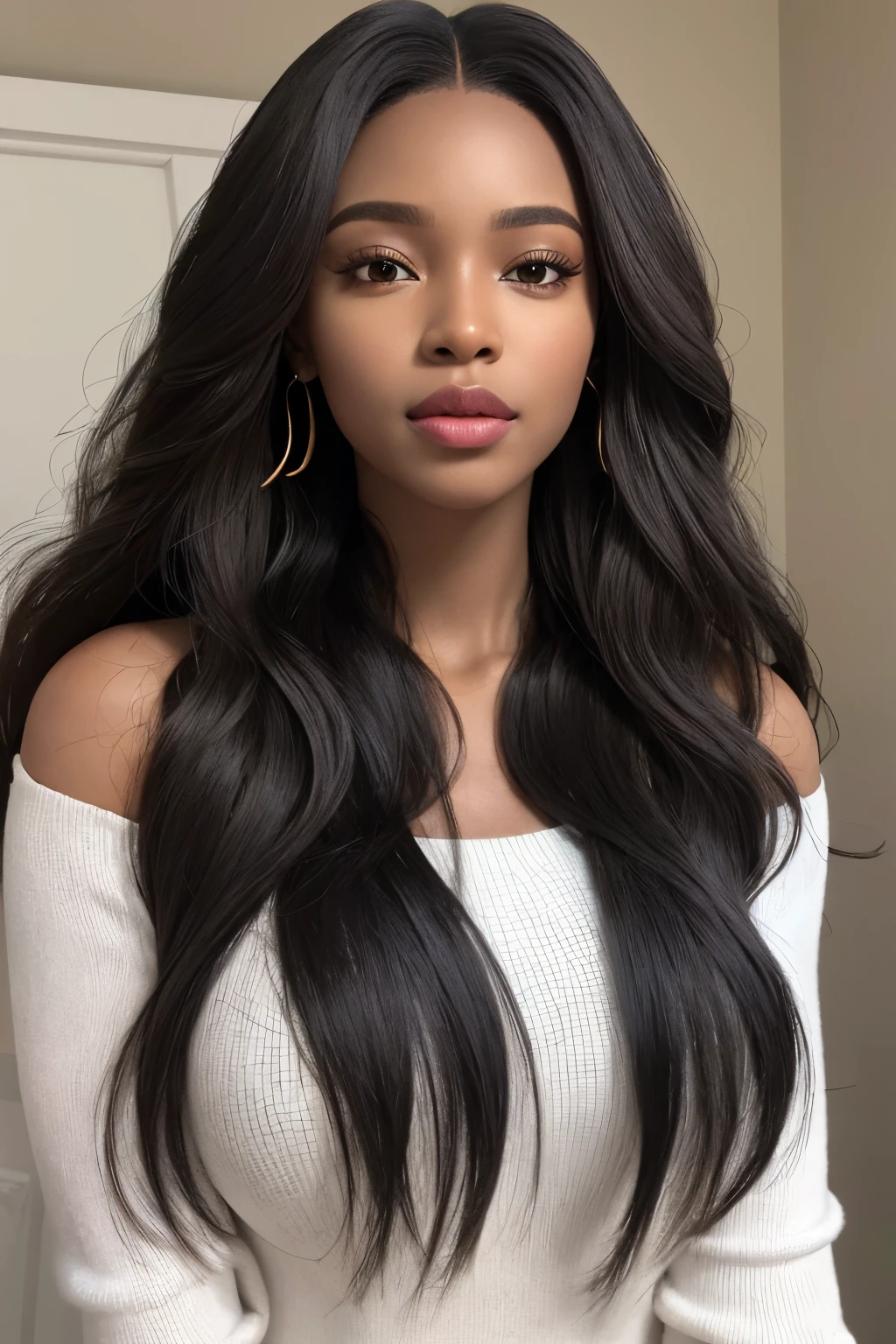 an ultra realistic half body portrait of an african woman wearing hair extension, with middle part brazilian wavy hair. ((best quality)), ((masterpiece)), (detailed), perfect face