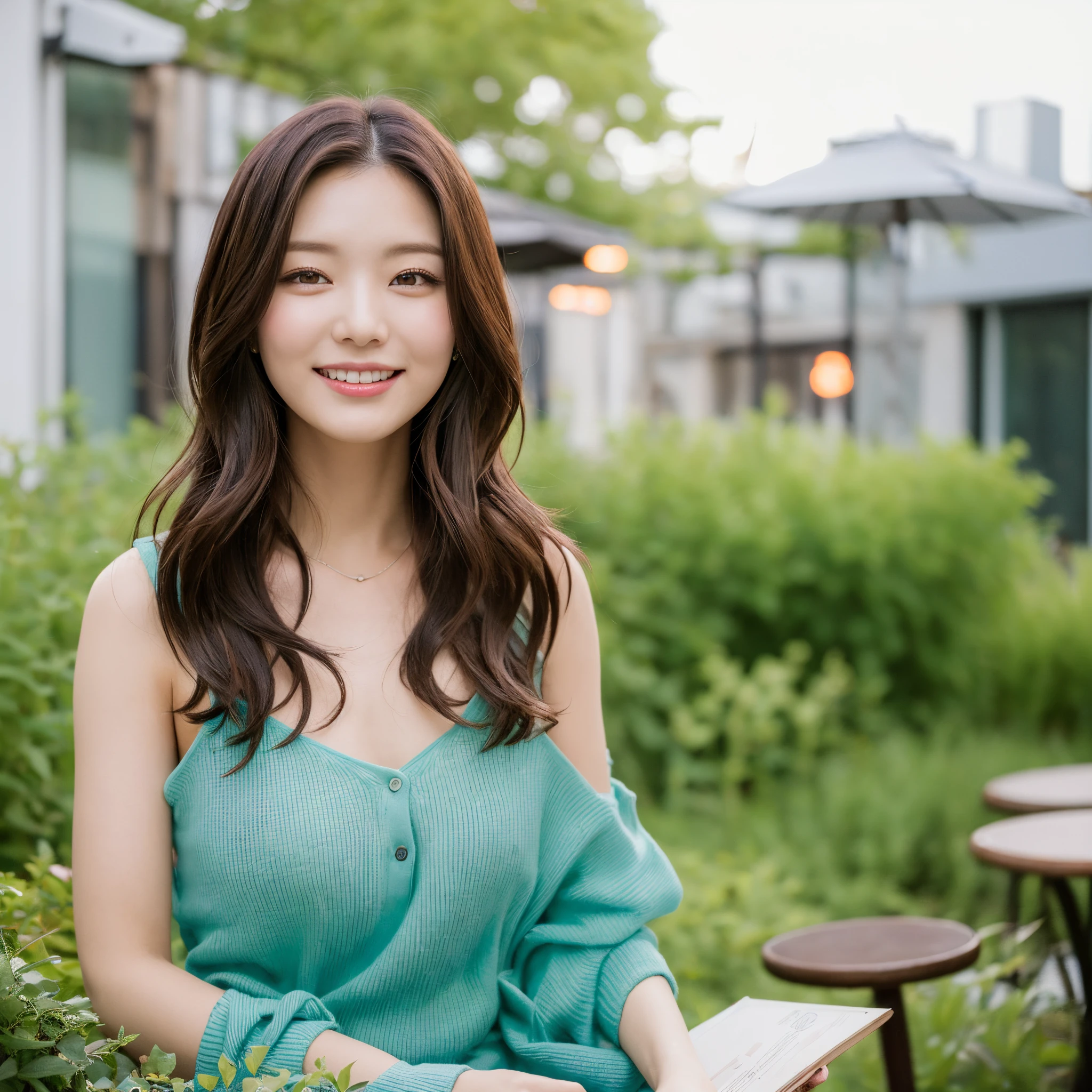 a cute woman in the small garden of the neighborhood cafe --auto --s2