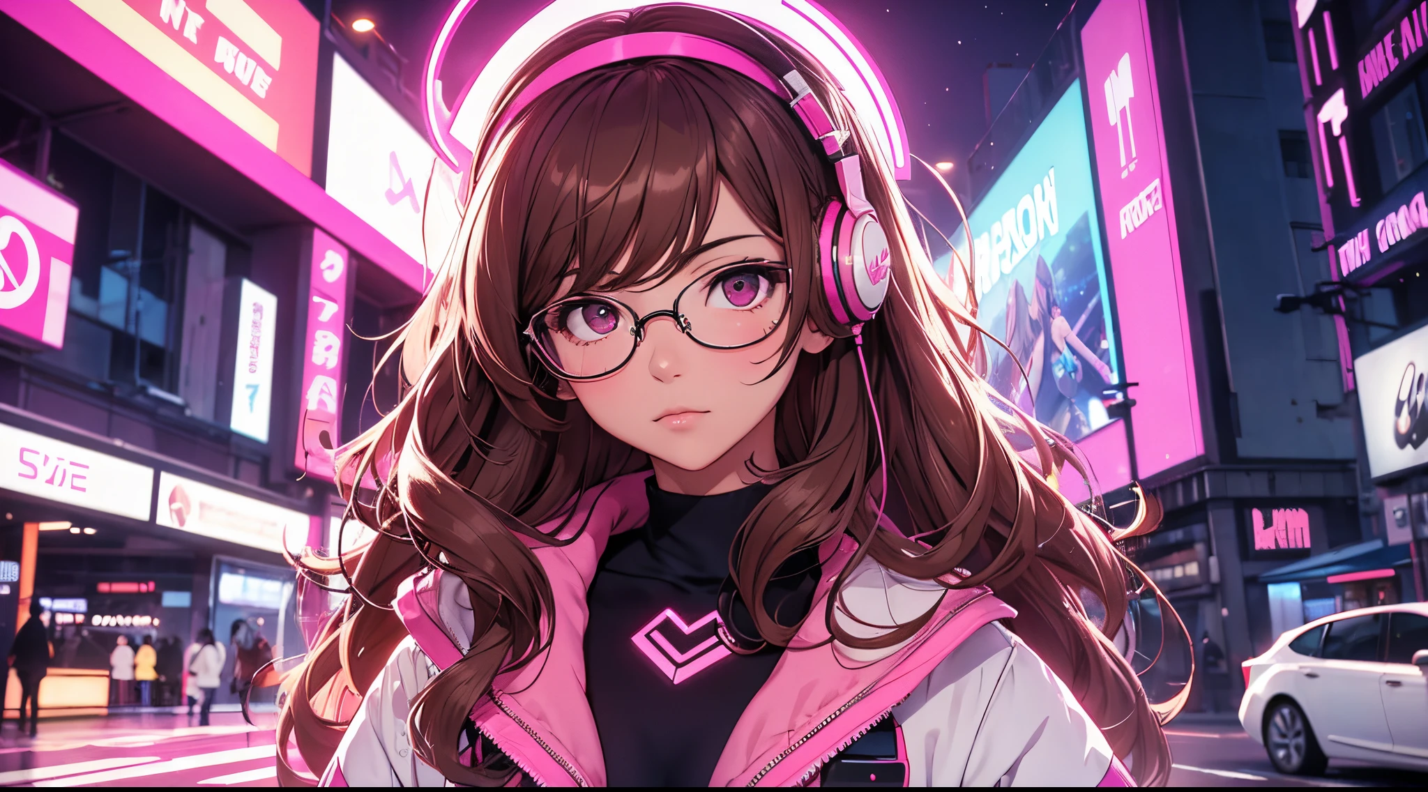 Masterpiece, best quality, 1 girl, brown wavy hair, glasses, pink and white body suit, headphones, looking at viewer, sexy, alluring, city at night, neon, 80s, synthwave