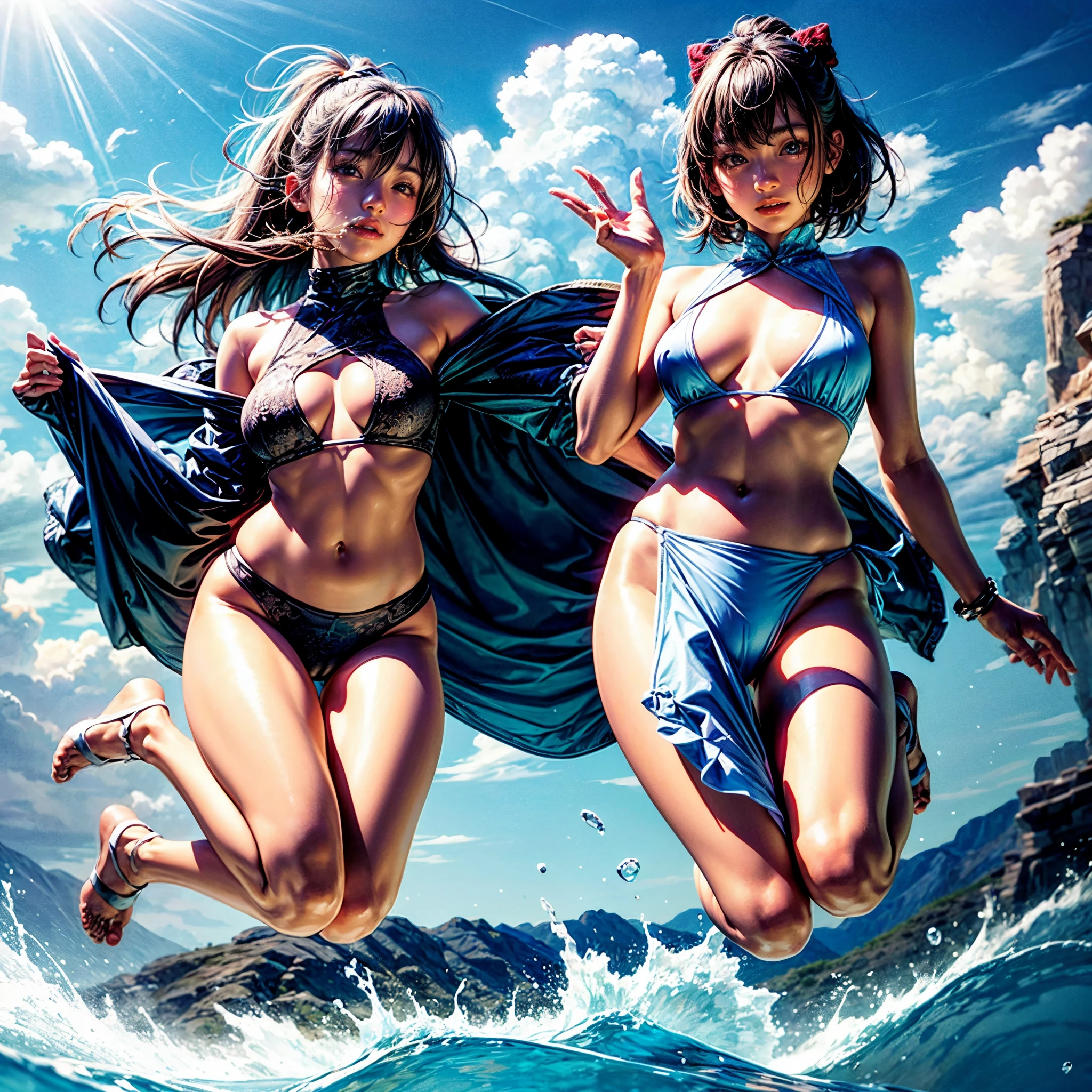 (SFW, masterpiece:1.28, Acutance, RAW, Realistic, 真实感: 1.37), realisticlying, softlighting. (( Tiny Girls jumping into the sea:1.37 ))、{ Falling | splash water | shout | energetic motion | Luminous water surface | White and Vivid colors }, (under the mesmerizing back lighting), glistening ivory skin, sparkling highlights, Detailed KAWAII face with cute lips, long eyelashes, Delicate lace knitted clothes, { Detailed open crotch | Overflowing sideboob | pretty Ass }, Whole Body proportions and all limbs are anatomically accurate . (nipple:-0.8)