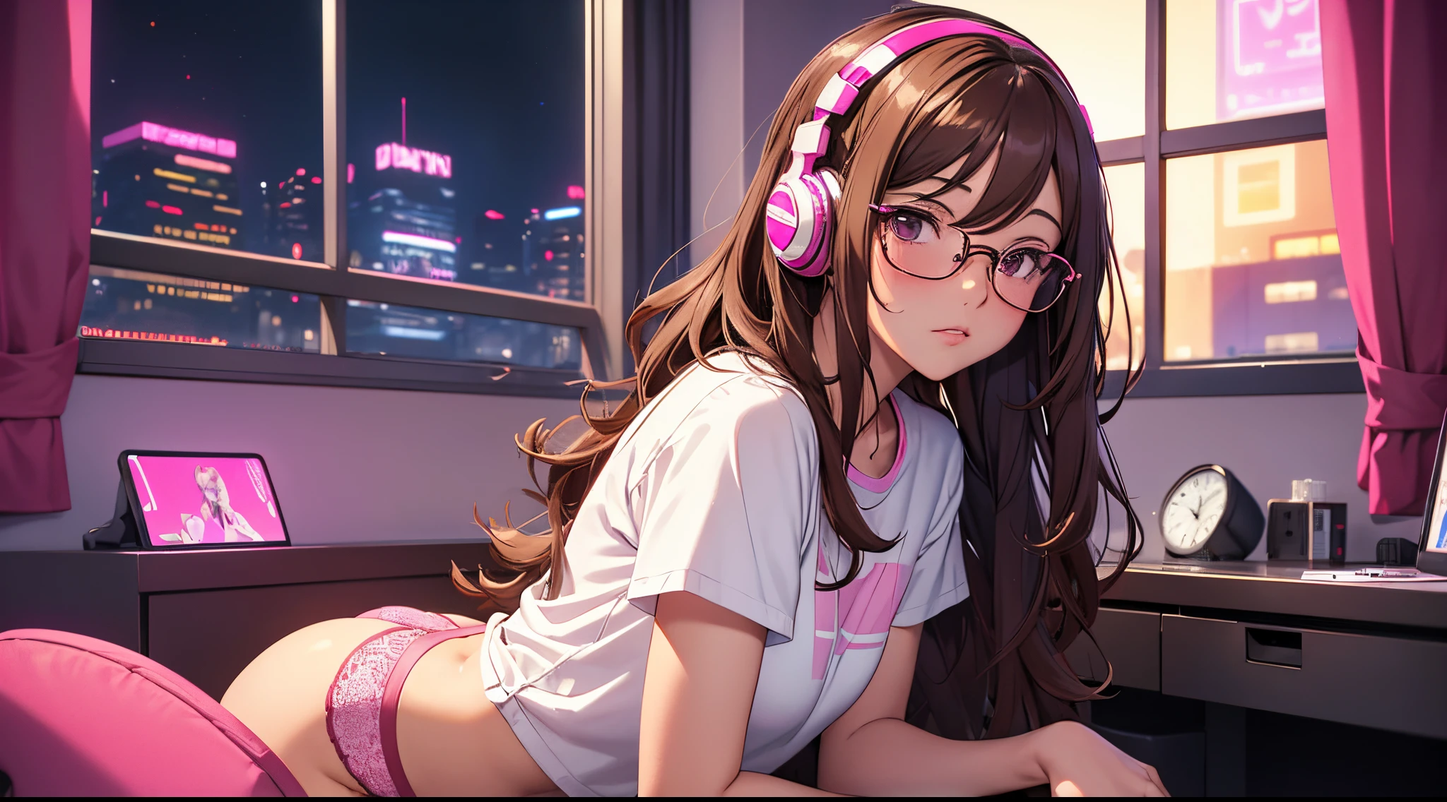 Masterpiece, best quality, 1 girl, brown wavy hair, glasses, white tee shirt, pink underwear, sitting in a gamer chair, wearing headphones, looking at viewer, sexy, alluring, erotic, blushing, in front of window, city at night, neon, 80s, synthwave