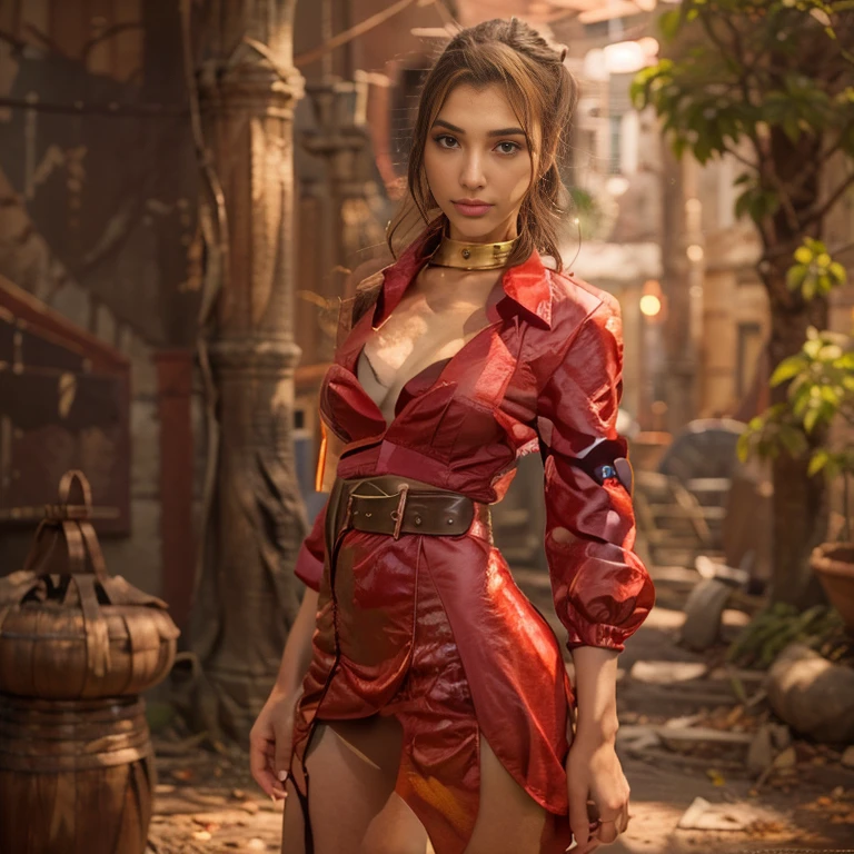 aerith Aerith Gainsborough in full body, high detail, sharp focus, Beautiful detailed woman, Very detailed eyes and faces, Detailed look, Ultra - detailed, High resolution, Very Detailed, Best Quality, Illustration, Unified, 8k Wallpaper, Masterpiece, Best Quality, Final Fantasy, ??????, Gold Collar, Gold Belt, Navel Piercing, Gold High Heel Sandals, Red Mini Dress, Trending on Artstation, HQ , deviantart, art artgem, vae eyes Perfecteyes ((glowing) eyes))