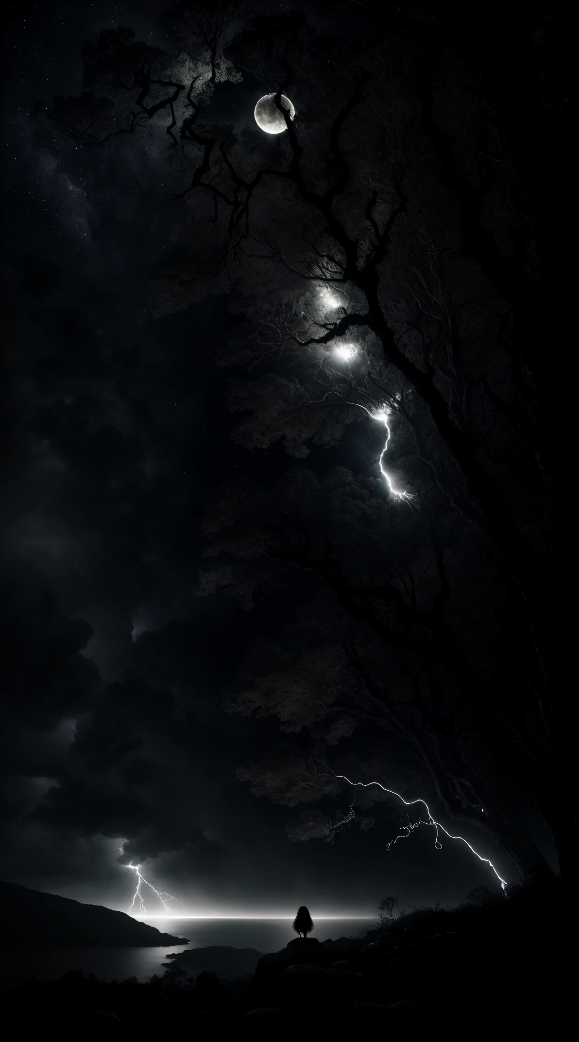 Aullando a la luna,cuerpo completo,bosque oscuro,arboles secos,Dios Lobo, hiperrealista, tension, chill, Altamente detallado, foco nítido, profesional, 8k UHD, Kinematic, oscuro, violento, al aire libre, Kali, batalla, chase, dramatic, vivid, nervous vibe, Hacer, epopeya, twilights, Comer la luna, HDR, album cover art, ventisca, lightning, cataclysmic