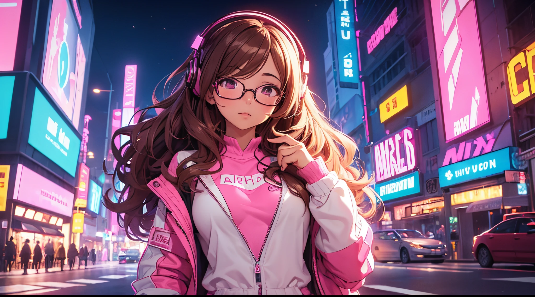 Masterpiece, best quality, 1 girl, brown wavy hair, glasses, pink and white body suit, headphones, looking at viewer, sexy, alluring, city at night, neon, 80s, synthwave