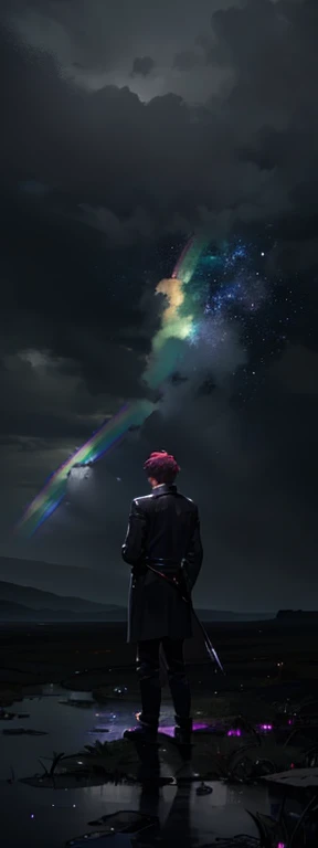 A wide landscape photo, depicting a forlorn boy standing in the rain, his gaze fixated on the gloomy sky, evoking a sense of sadness and introspection. distant mountains , (Warm Light: 1.2), (Firefly: 1.2), Lights, Lots of Purple and Orange, Intricate Details, Volumetric Lighting BREAK (Masterpiece: 1.2), (Best Quality), 4k, Ultra Detailed, (Dynamic Composition: 1.4), Rich in Detail and Color, (Rainbow Color: 1.2), (Glow, Atmospheric Lighting), Dreamy, Magical, (Solo: 1.2)