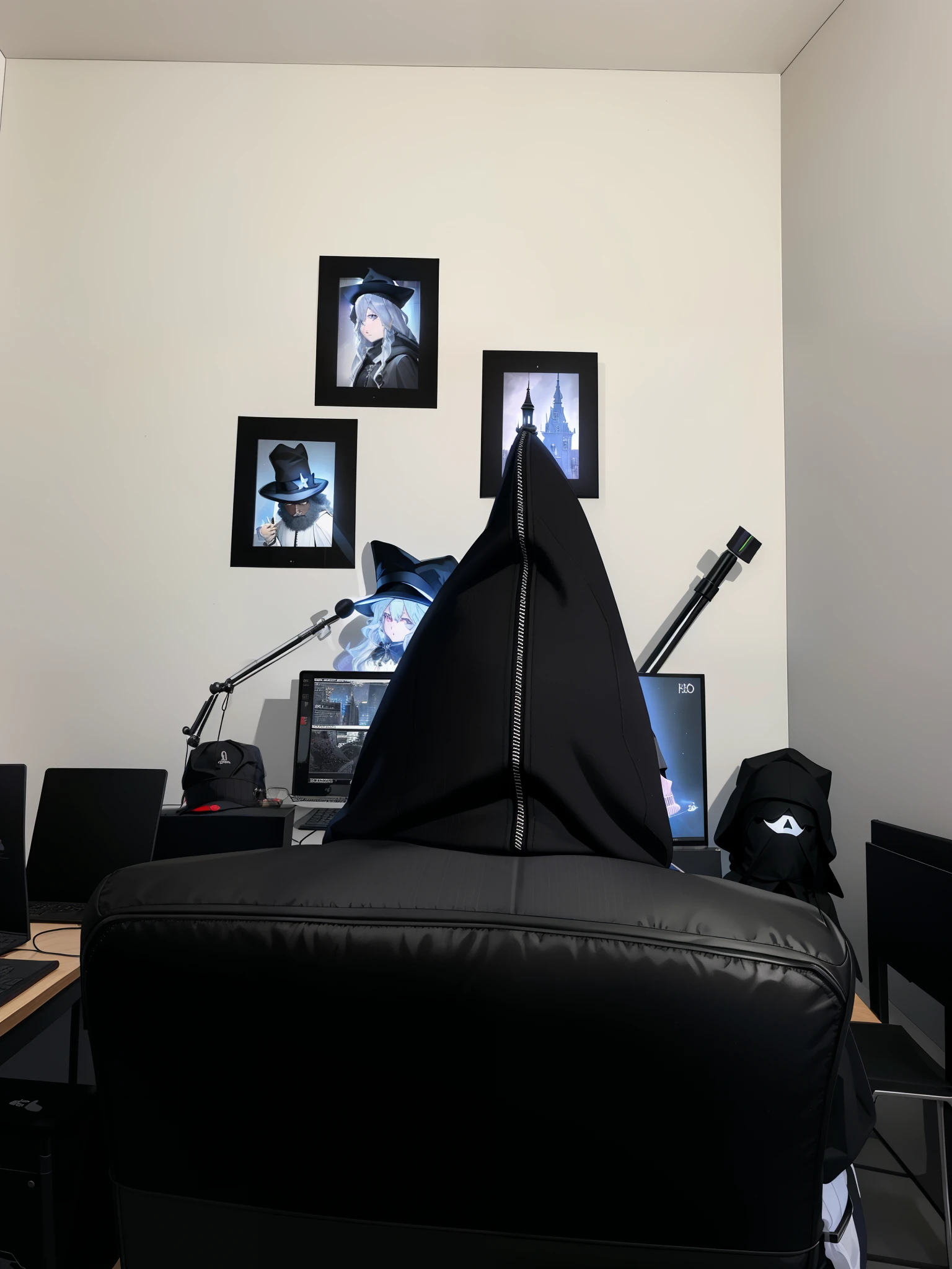cree un caractere qui ressemble a : il y a une personne assise sur une chaise devant un ordinateur, porter une capuche aux oreilles pointues, portant un chapeau de sorcier gris, technologie de tissu vantablack, Capuches pointues, cancer, Archwizzard dans un chapeau, Porter une cagoule Sith, Configuration sombre, portant une cagoule sombre, Wizard Hat Éclairage cinématographique, assistant derrière le bureau,n'ajoute pas caractere additionnel.