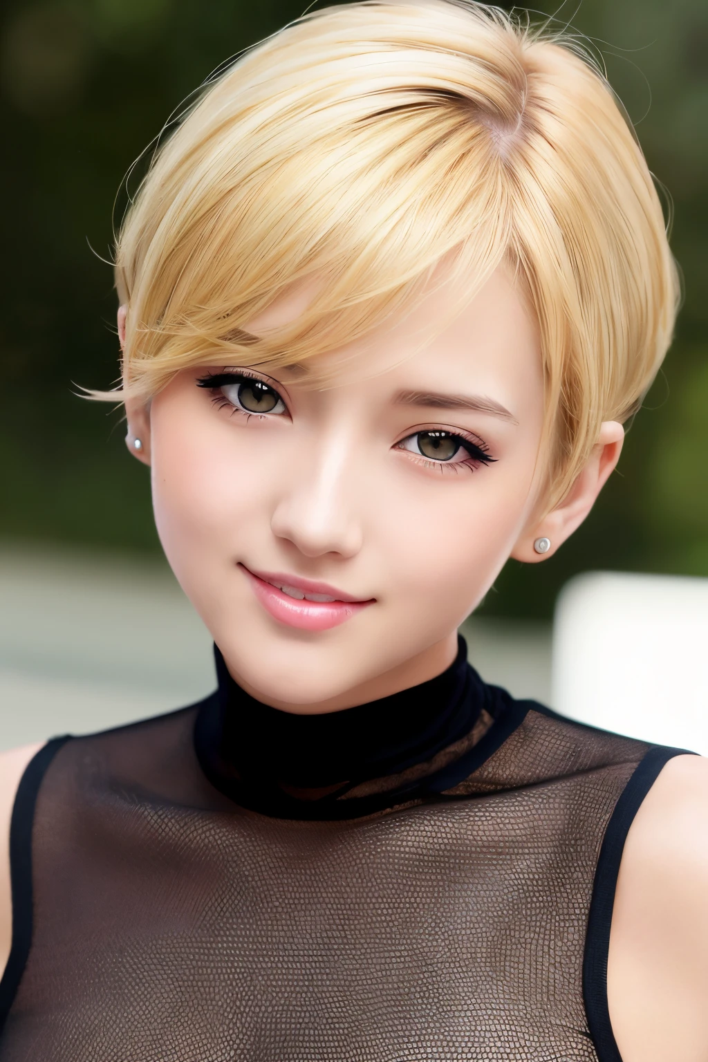 animesque、anime styled、Speciality、Beautiful moist eyes, (Short hair:1.2), (8K, Best Quality, masutepiece:1.2), (Realistic, Photorealsitic:1.37), Ultra-detailed, a closeup、portraitures、1 girl, Cute, Yellow head hair、Solo, (nose blush),(Smile:1.15),