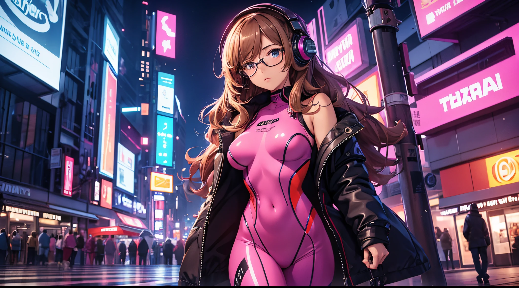 Masterpiece, best quality, dutch angle shot, 1 girl, brown wavy hair, glasses, futuristic pink body suit, headphones, looking at viewer, sexy, alluring, city at night, neon, 80s, synthwave