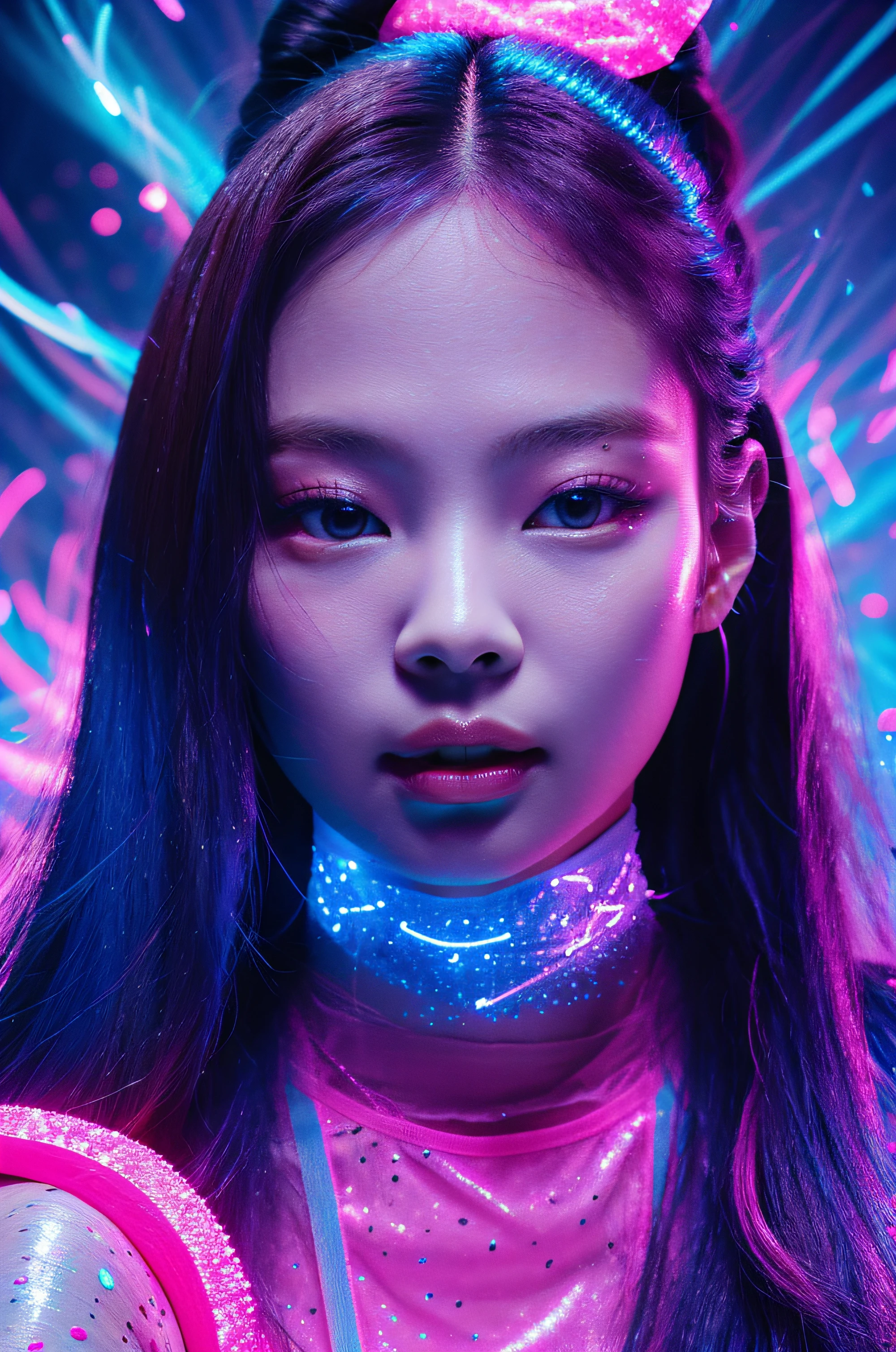 beautiful 30 years old woman's face illuminated by colored lights photorealistic background bright colors Luminous neon pink and neon blue glitter dust background with pink and blue smoke vapor, Jennie kim,